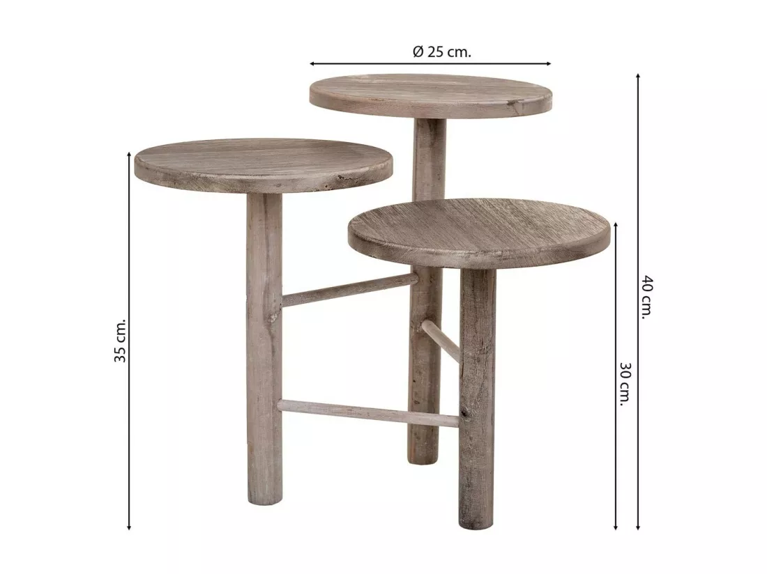 Support en bois pour 3 pots de fleurs blanc d25x40/35/30h