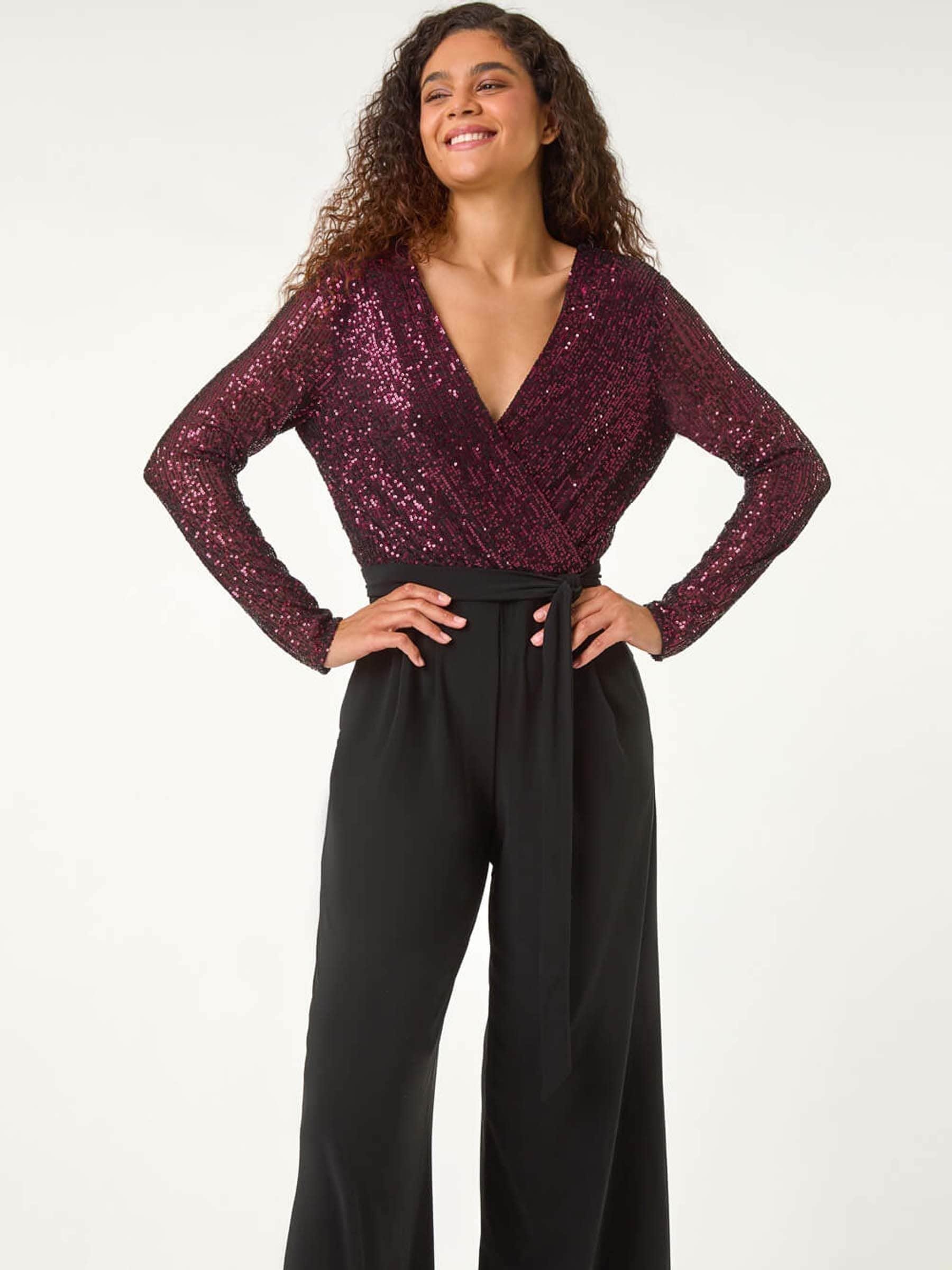 Roman Pailletten wikkel V-hals stretchy Jumpsuit
