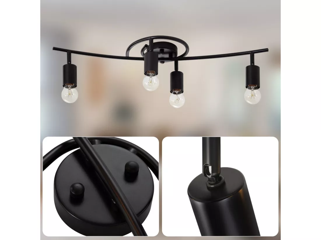 Spot De Plafond Vintage Noir 4 Flammes E27 Pivotant 350° Industriel Pivotant