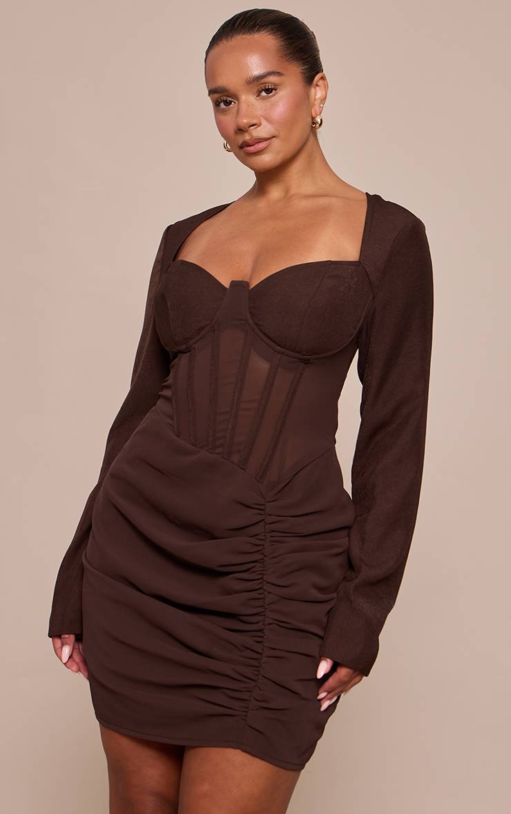 Chocolat Robe Moulante Mini À Empiècements Résille Avec Corset Et Fronces Latérales