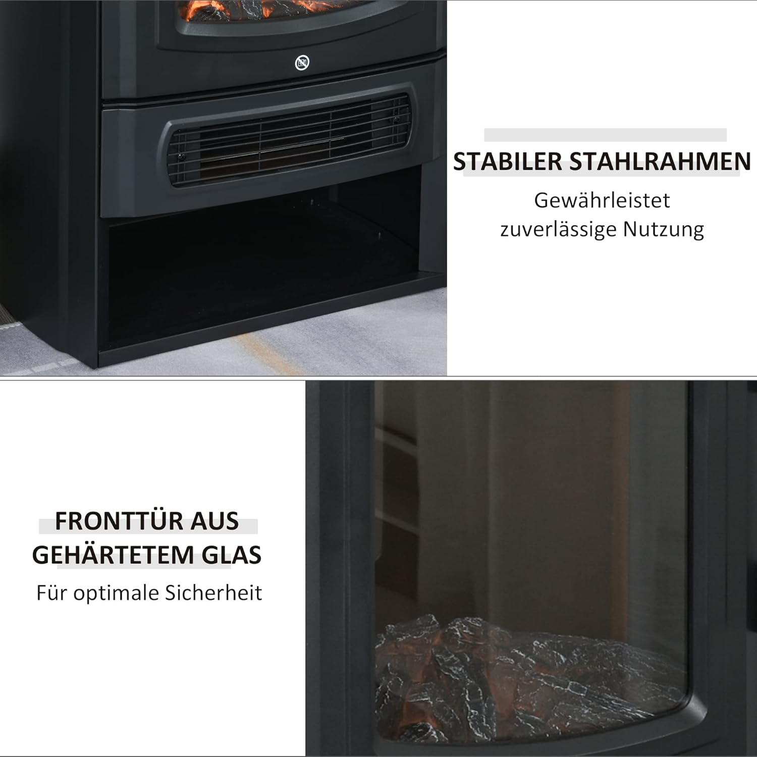 HOMCOM Elektrokamin mit Heizung, elektrischer Kamin mit LED Flammeneffekt, 1000 W/2000 W Dekokamin mit Thermostat, elektrisch Kaminfeuer Kaminofen, Schwarz