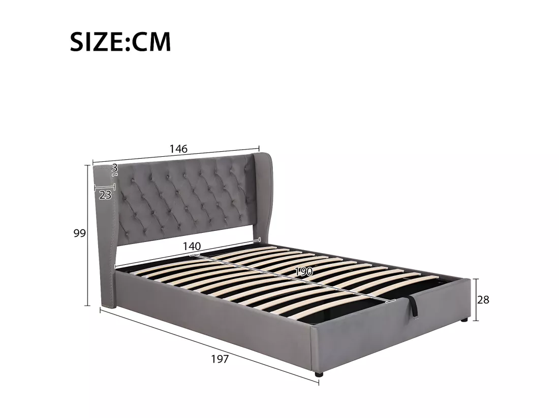 Lit coffre double Lit rembourré en forme d'oreille,velours,140x190cm,Lit fonctionnel hydraulique avec sommier à lattes et espace de rangement,Gris