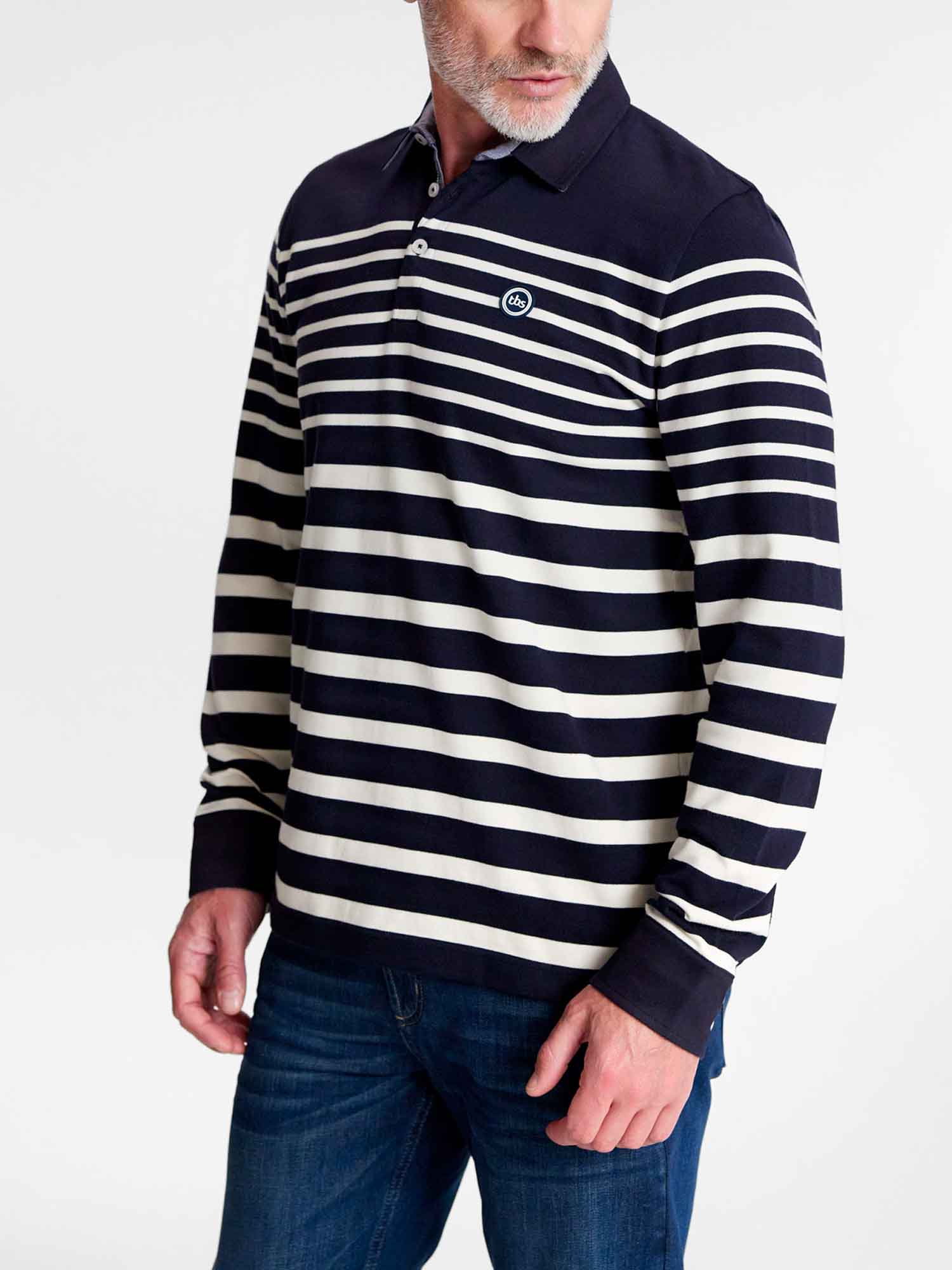 Polo Homme Manches Longues Marinière Marine et Blanc