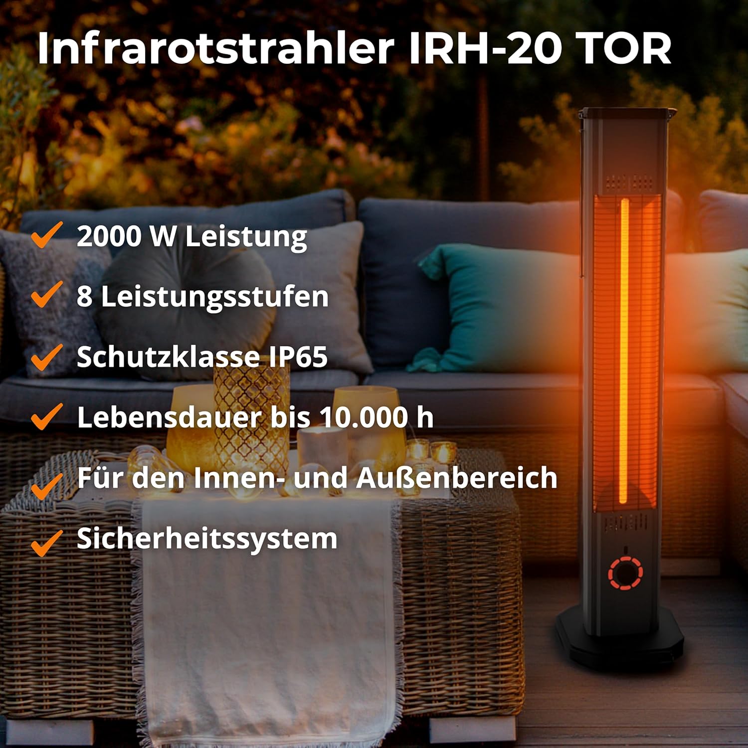 Infrarot Heizstrahler Infrarotheizung 2000W TOR – Elektroheizung mit 8 Stufen, IP45 Terrassenheizer, Heizstrahler Terrasse & Innenraum, Wandmontage, Standgerät, Fernbedienung, Timer, Schwarz