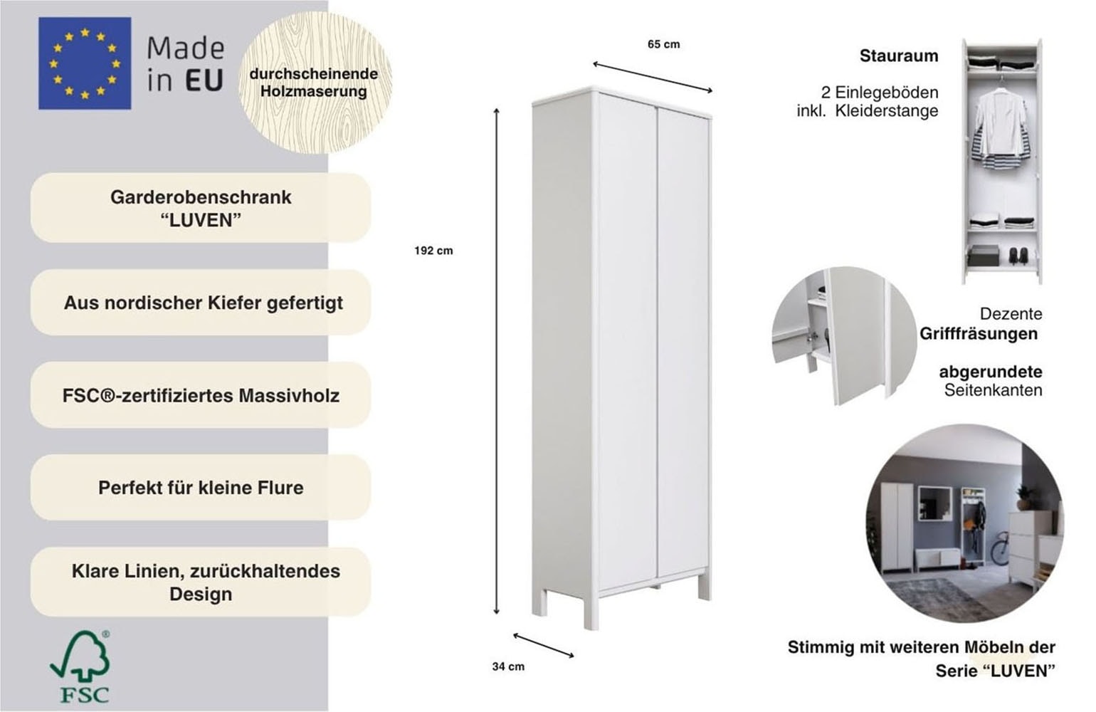 Home affaire Garderobenschrank »Luven« FSC®-zertifiziertes Massivholz, Höhe 192 cm