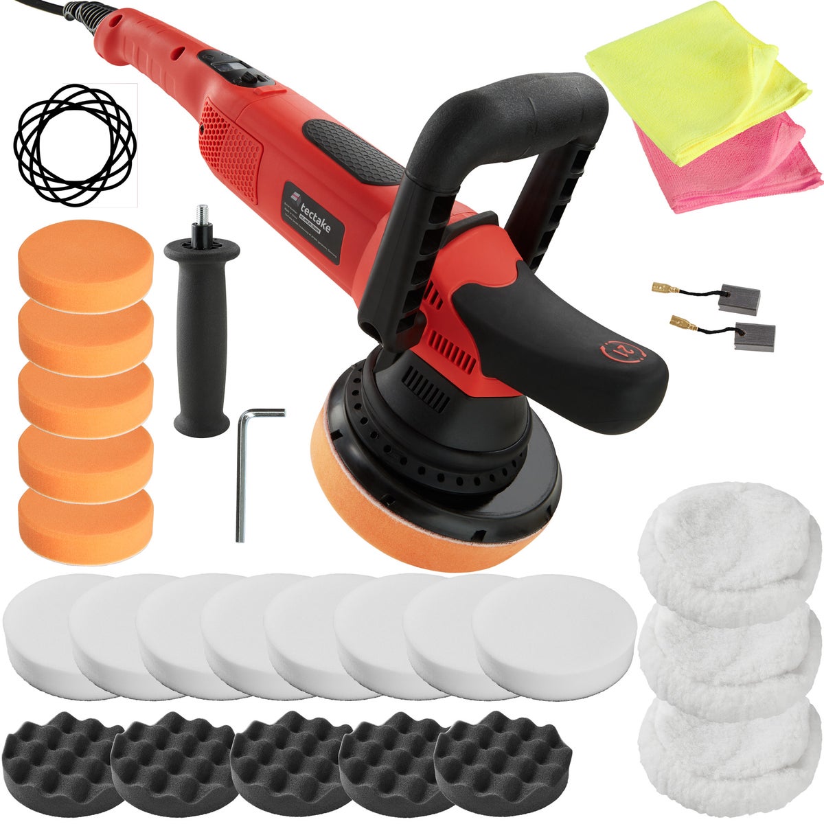 25-delige excentrische polijstmachineset tectake 810 W inclusief 2 microvezeldoeken en 2 reservekoolborstels