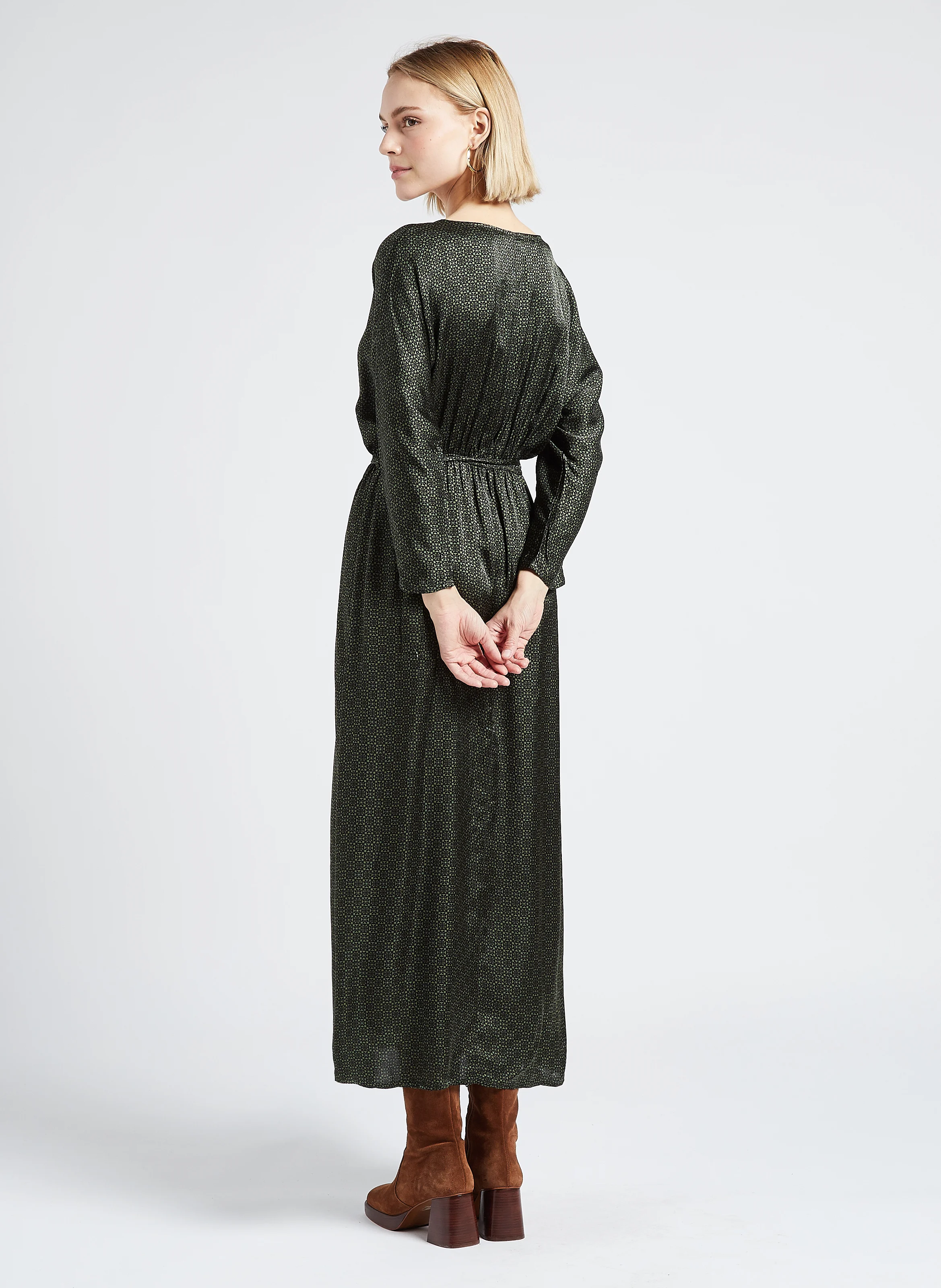 LUNA - Robe midi col V imprimée| Vert