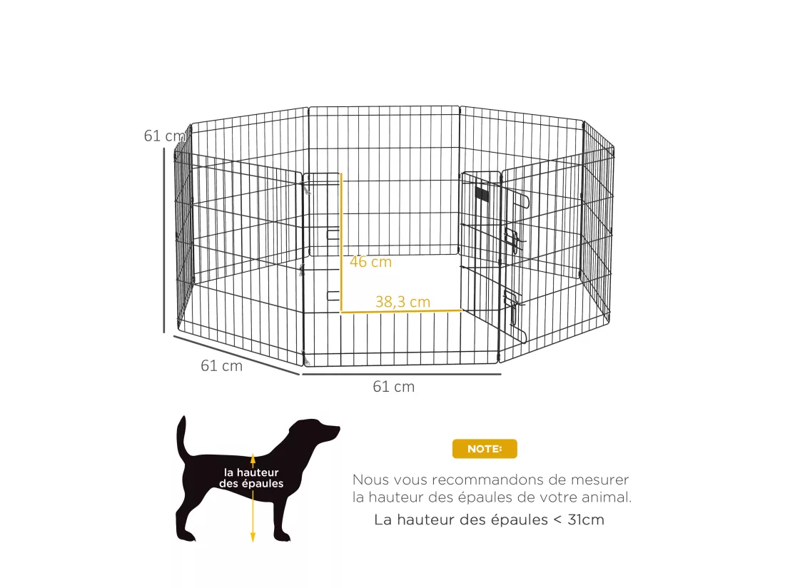 Parc enclos modulable pour chien animaux porte verrouillable 8 panneaux dim. panneau 61L x 61H cm métal noir