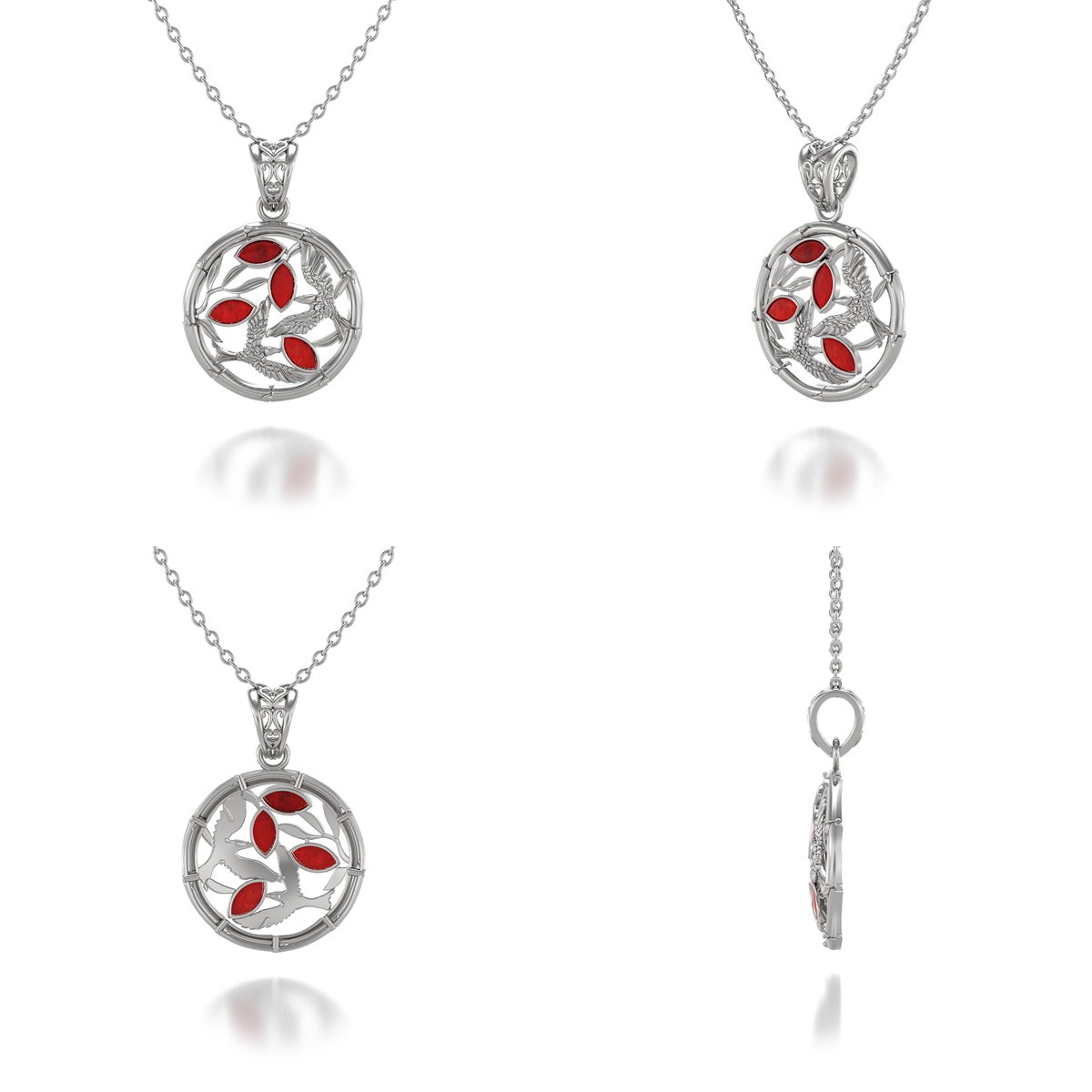 Pendentif ADEN Oiseaux et branches de corail  Serti Argent 925
