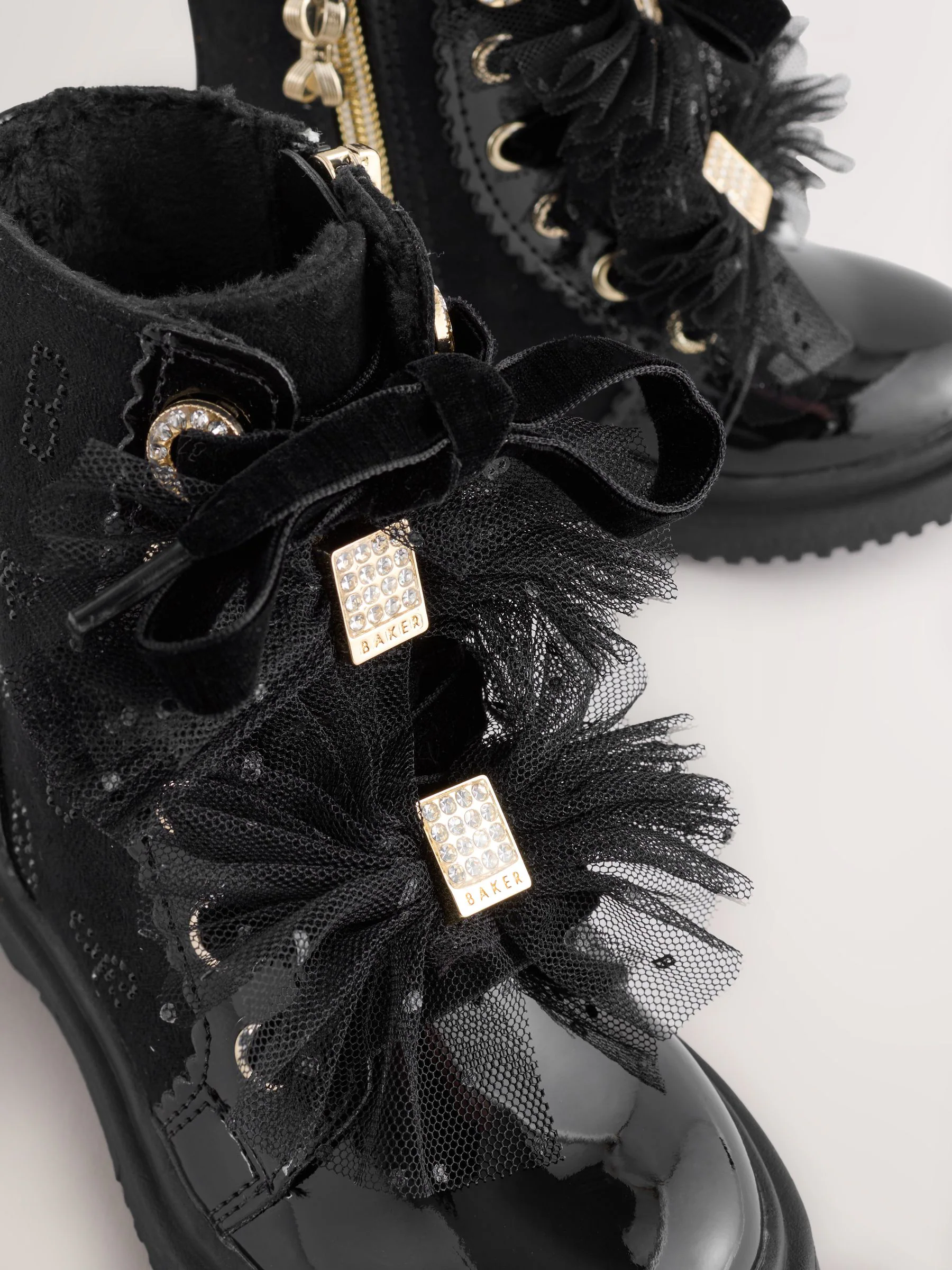 Baker by Ted Baker Girls Black Diamanté Lace-Up Boots with Bow