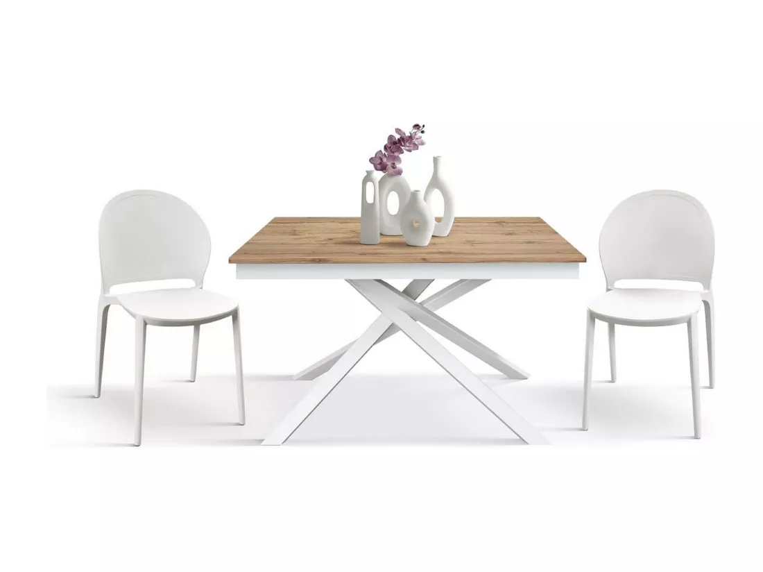 Table en bois, effet chêne, base blanche, ext.120x80-170x80cm - VOLPAIA