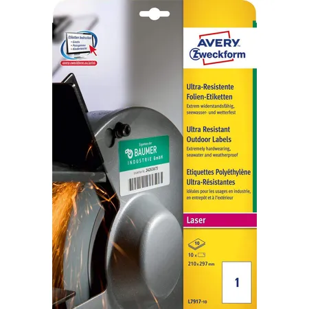 Avery Zweckform L7917-10 Ultra-Resistente Folien-Etiketten, 210 x 297 mm, 10 Bogen/10 Etiketten, weiß