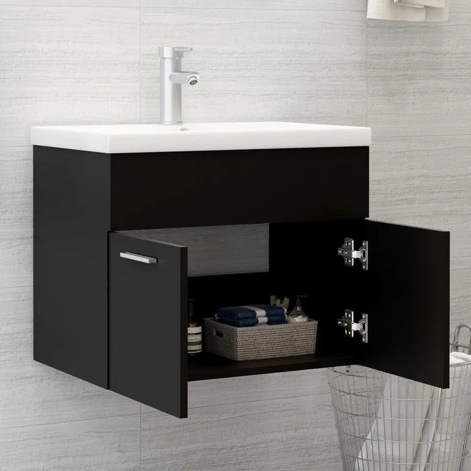 vidaXL - Wastafelkast En Wastafel - Zwart - Bewerkt hout - 60 x 38.5 x 46 cm