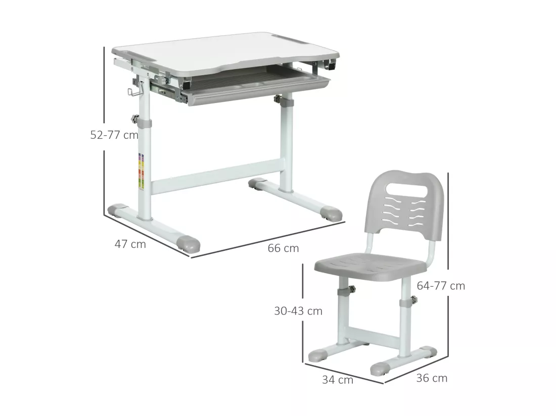 Ensemble bureau chaise enfant réglable - plateau inclinable, tiroir coulissant - acier PP gris blanc