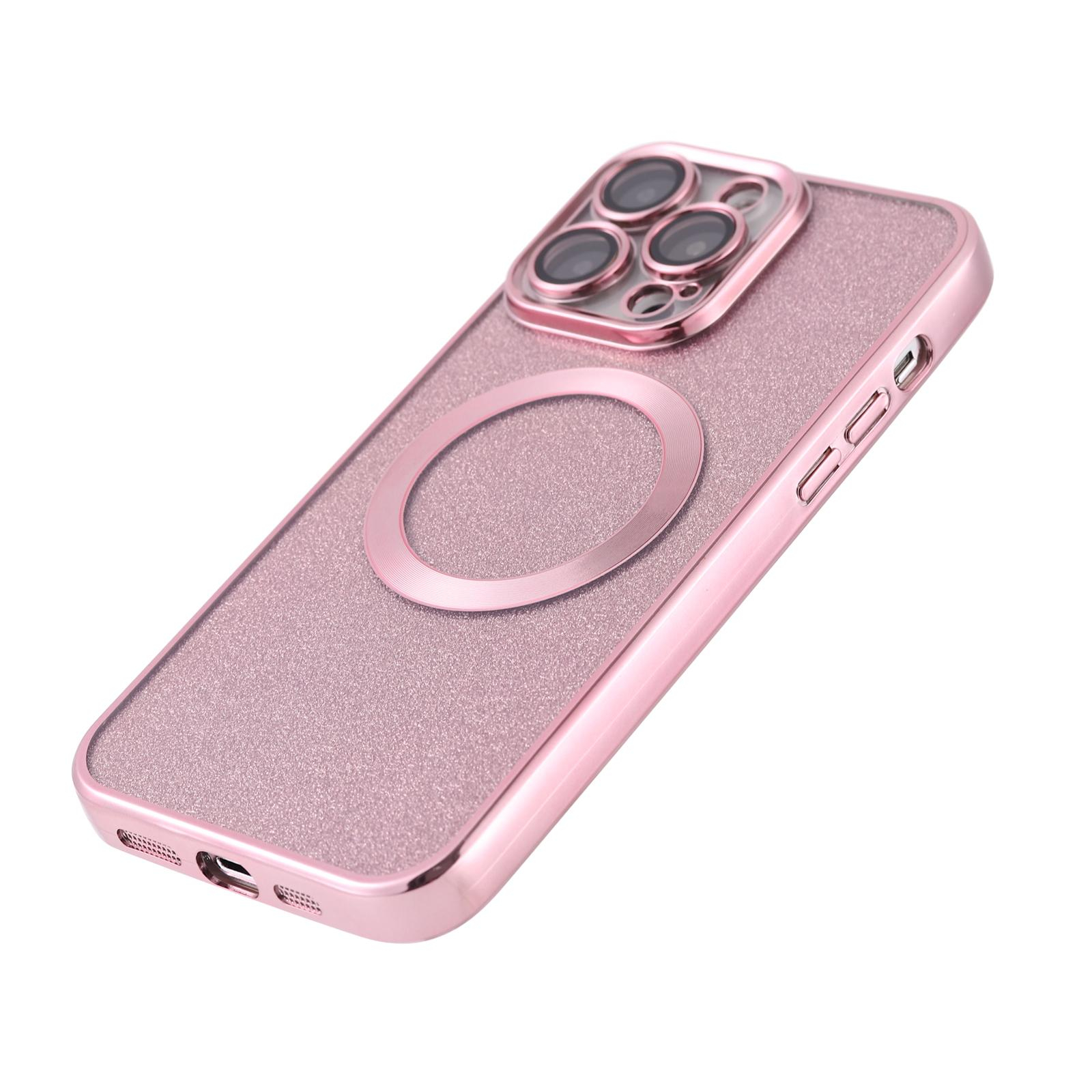 iPhone 14 Pro Max MagSafe Gummi Case Hülle mit Acryl Kameraglasschutz im Glitzer Design - Rosa / Transparent