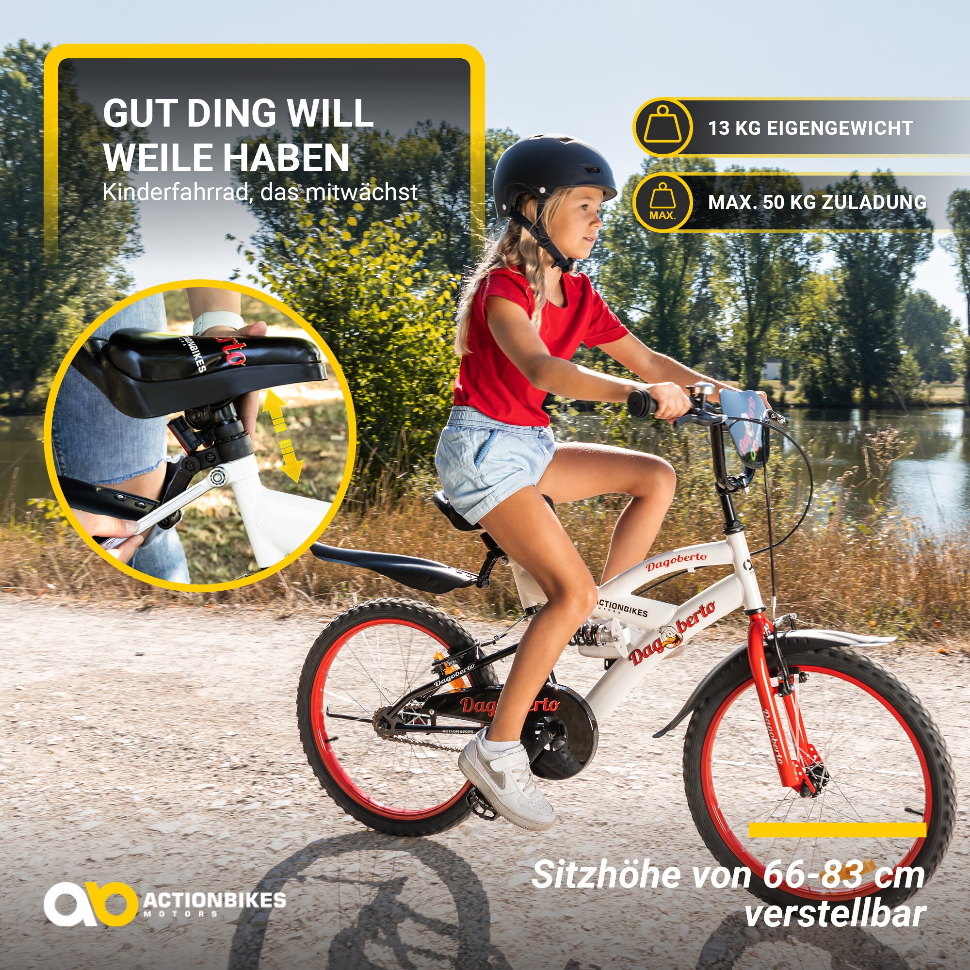 Actionbikes Kinderfahrrad Dagoberto 20 Zoll, V-Brake-Bremsen, Federung, Kettenschutz, Fahrradständer