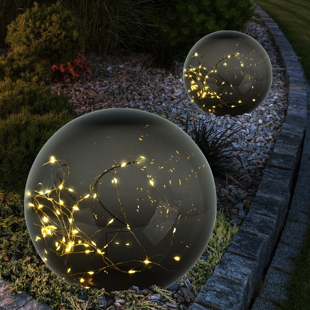 2er Set LED Solarlampen, Kugel-Design, Erdspieß, rauchfarben