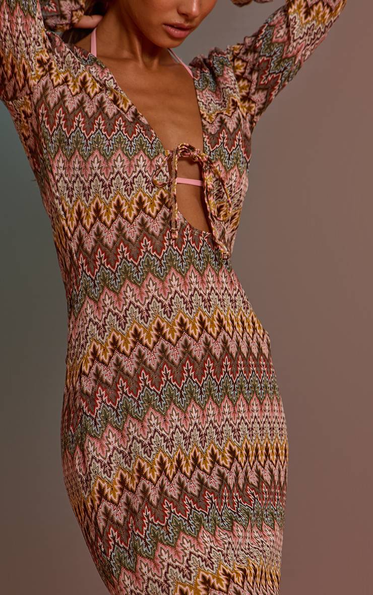 Multicolore Robe Maxi De Plage À Manches Longues En Jacquard