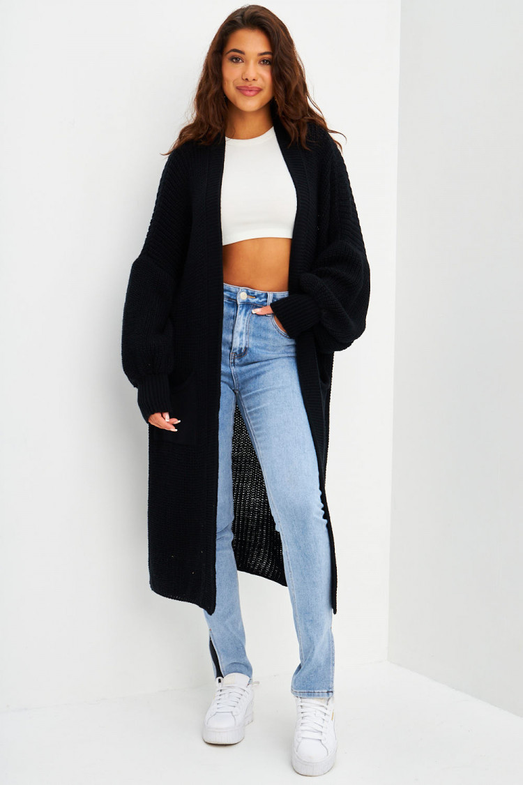 Gilet long ouvert en mailles noir