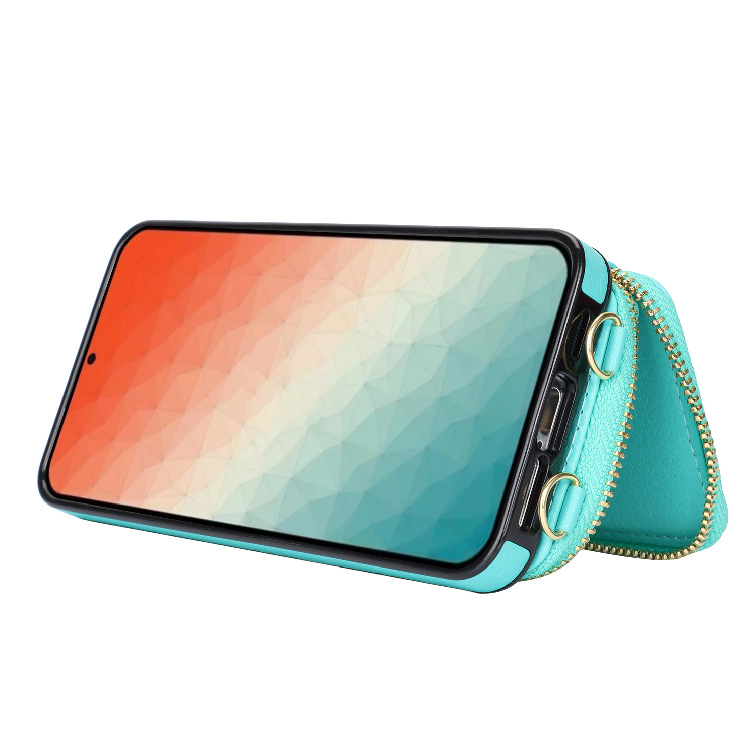 Samsung Galaxy S24 Necklace Leder Schutz Hülle mit Kartenfächer   Handykette (140cm) - Türkis