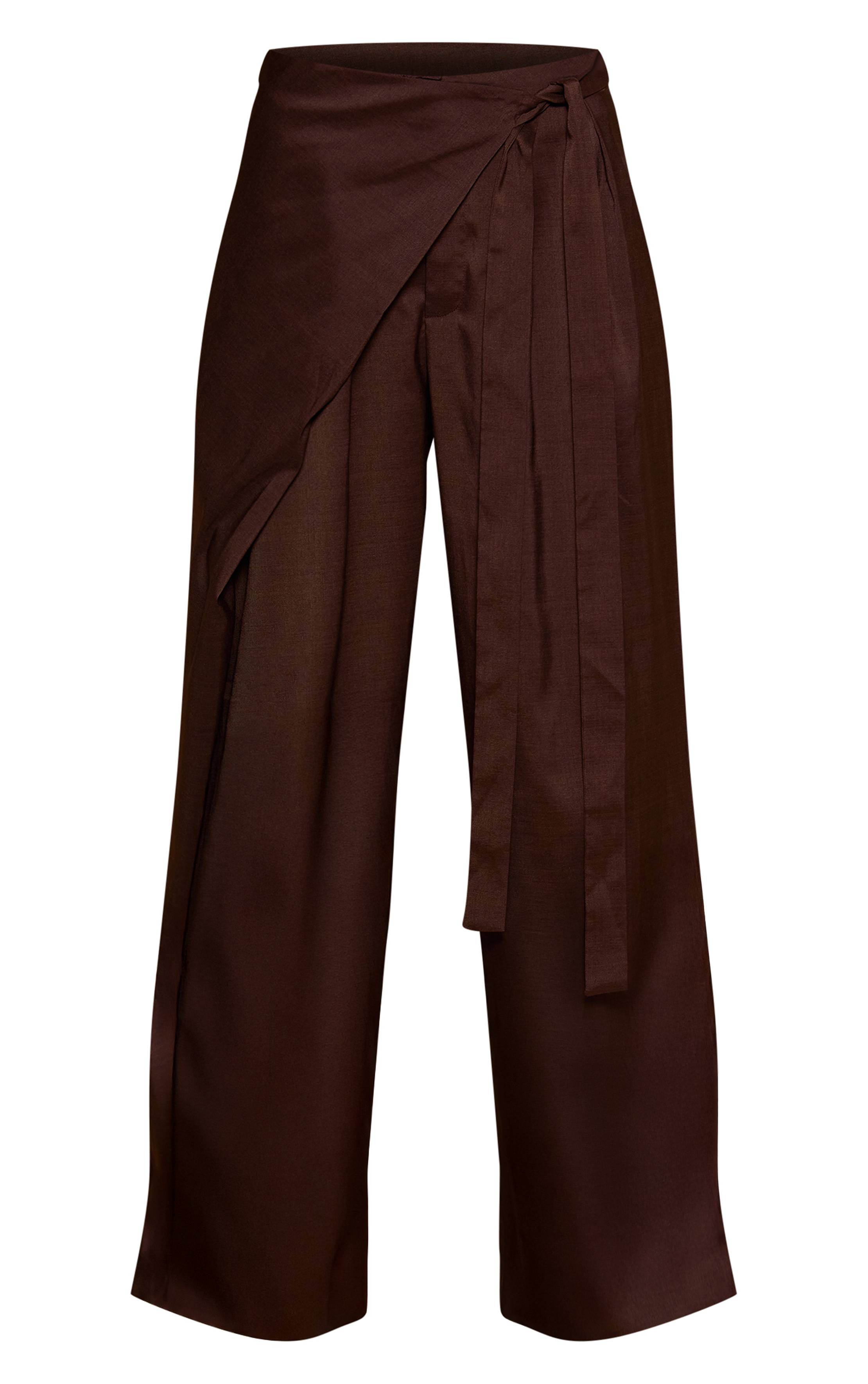 Chocolat Pantalon Droit Tissé À Nouer Avec Ceinture Enveloppante