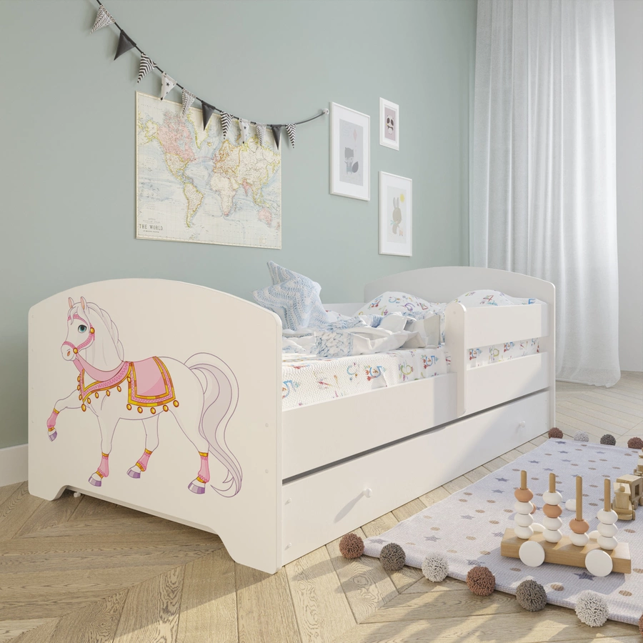 Kids Collective Kinderbett 70x140 | 80x160 cm mit Matratze und Schublade, Rausfallschutz Pferde Motiv