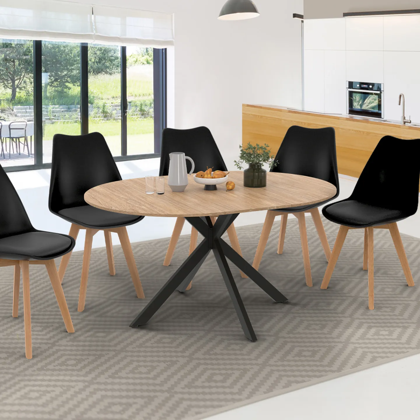 Table à manger extensible ronde ALIX 4-8 personnes pied araignée bois et noir 110-150 cm