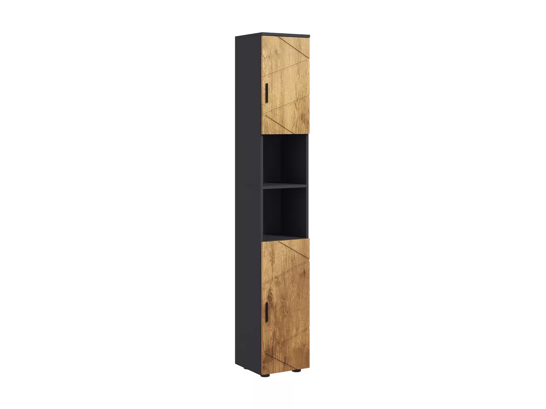 Meuble colonne rangement salle de bain style cosy 2 portes 2 étagères 2 niches anthracite aspect bois