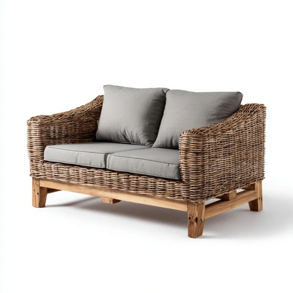 2-Sitzer-Gartensofa Rattan Holzrahmen 140x80x85 cm Grau - Traditionell