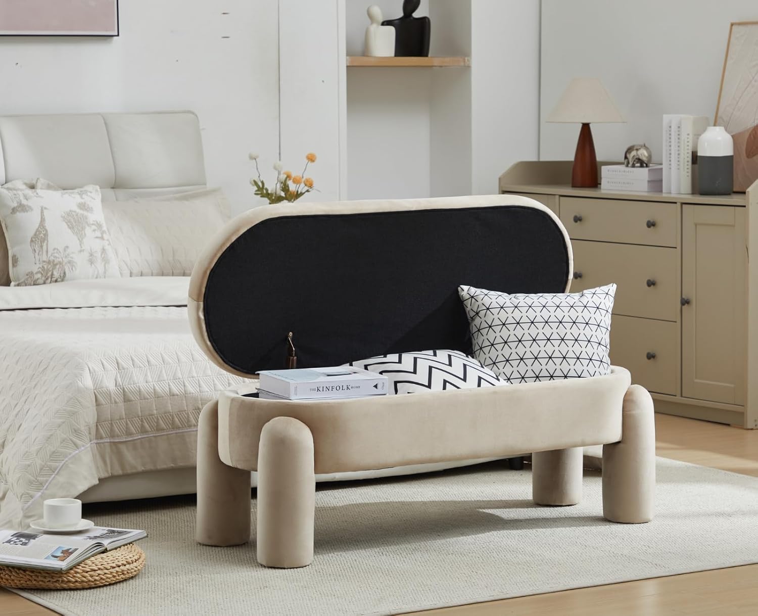 Sitzhocker aus Samt Sitzbank mit Stauraum Sitztruhe Flur Bettbank Schlafzimmer 114cm, Khaki