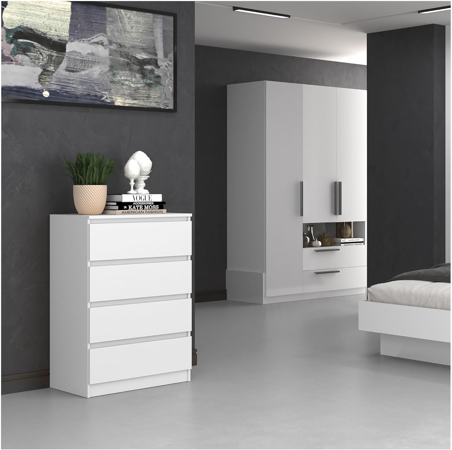 CDF Kommode Weiß mit 4 Schubladen 97 cm Hoch Sideboard Schmale Komode Schlafzimmerkommode für Flur Büro Schlafzimmer Wohnzimmer Schubladenschrank Regal mit Schubladen Schrank Modernes Möbelstück