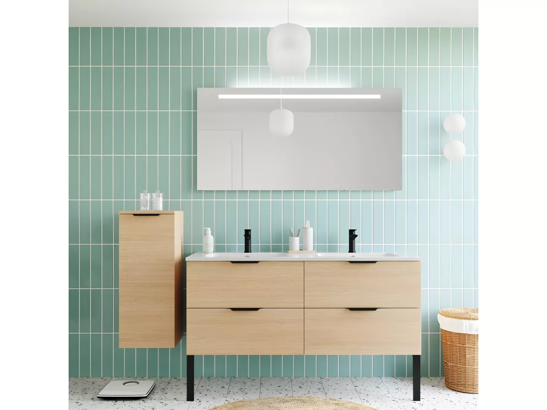 Meuble de salle de bain suspendu double vasque intégrée 140cm 4 tiroirs Chêne clair - Soho