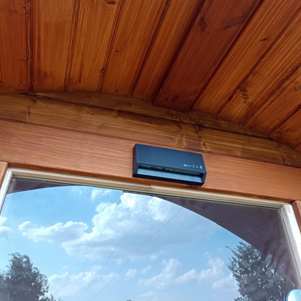 Gartensauna Fasssauna aus Holz für 4 Personen, Rund | Mit LED-Beleuchtung Außensauna für Garten & Terrasse (‎Dachfarbe: Braun, Weiß)