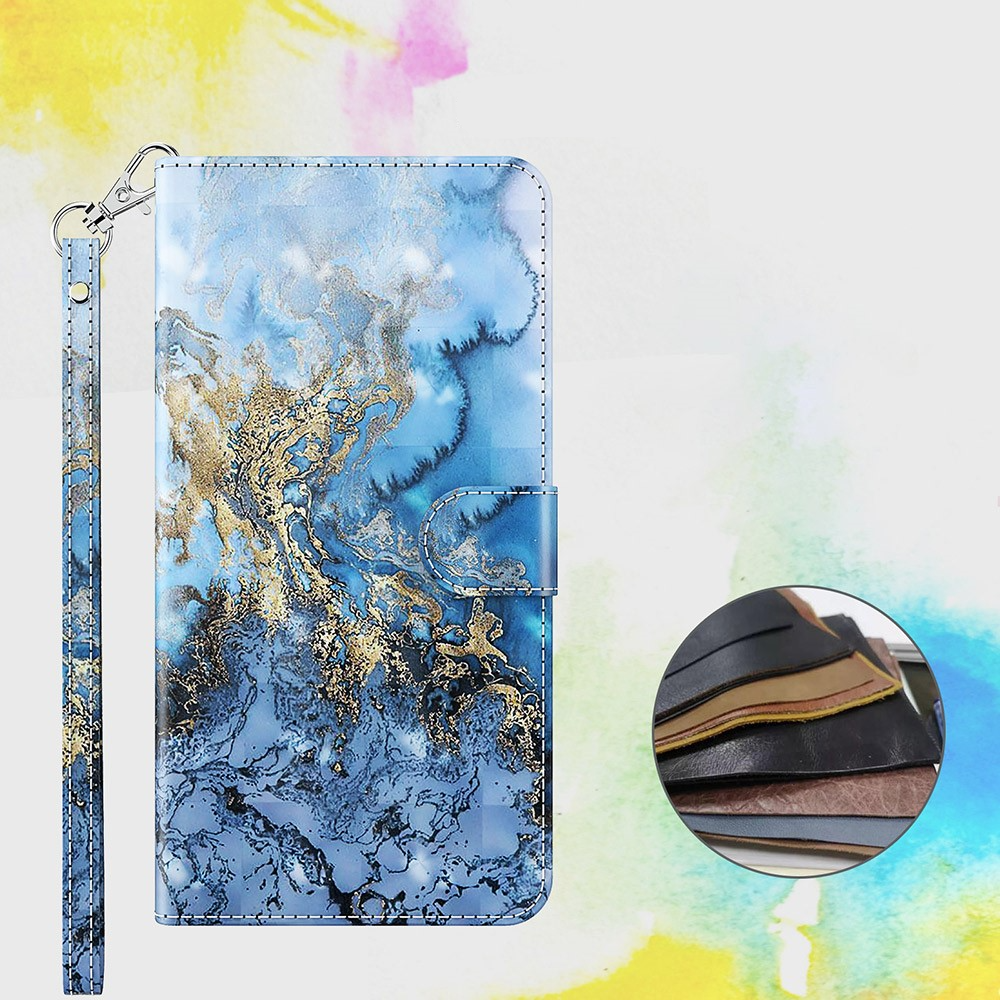 Samsung Galaxy S21 FE 5G Leder Tasche mit Kartenfach   Handschlaufe - Marble Marmor (Blau / Gold)