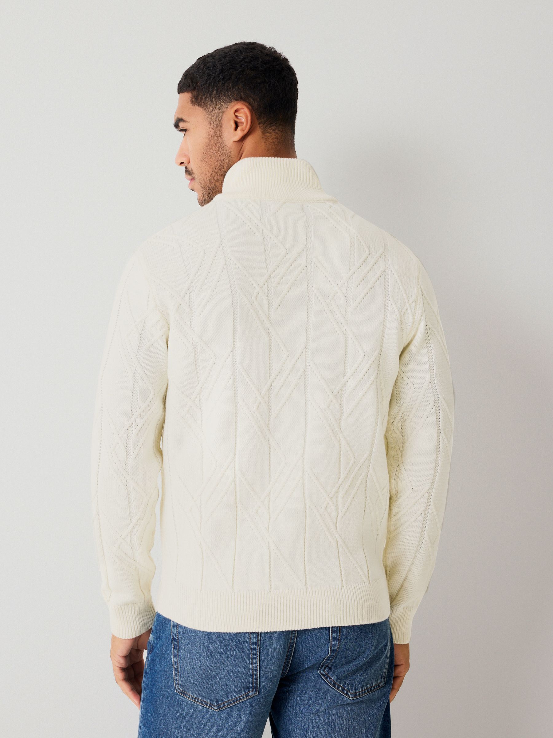 Ecru wit - Regular Fit Christmas Ski Cable Quarter Zip Neck Jumper with Wool
