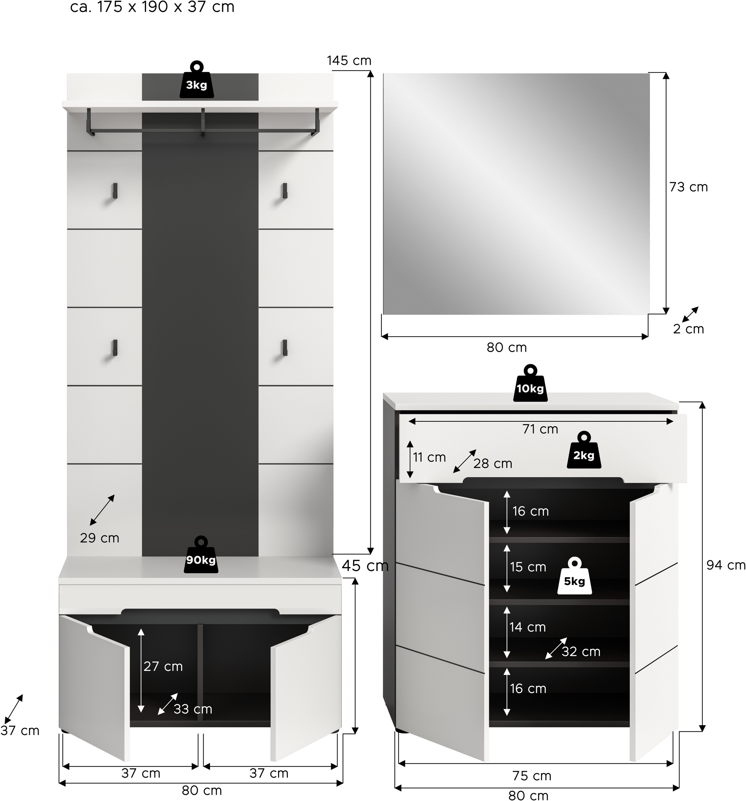 INOSIGN Garderoben-Set »REHAT, TOPSELLER!, 4-teilig, Breite 175 cm, individuell erweiterbar« Set, bestehend aus: Sitzbank, Paneel, Spiegel und Kommode, 4 Stk. tlg.