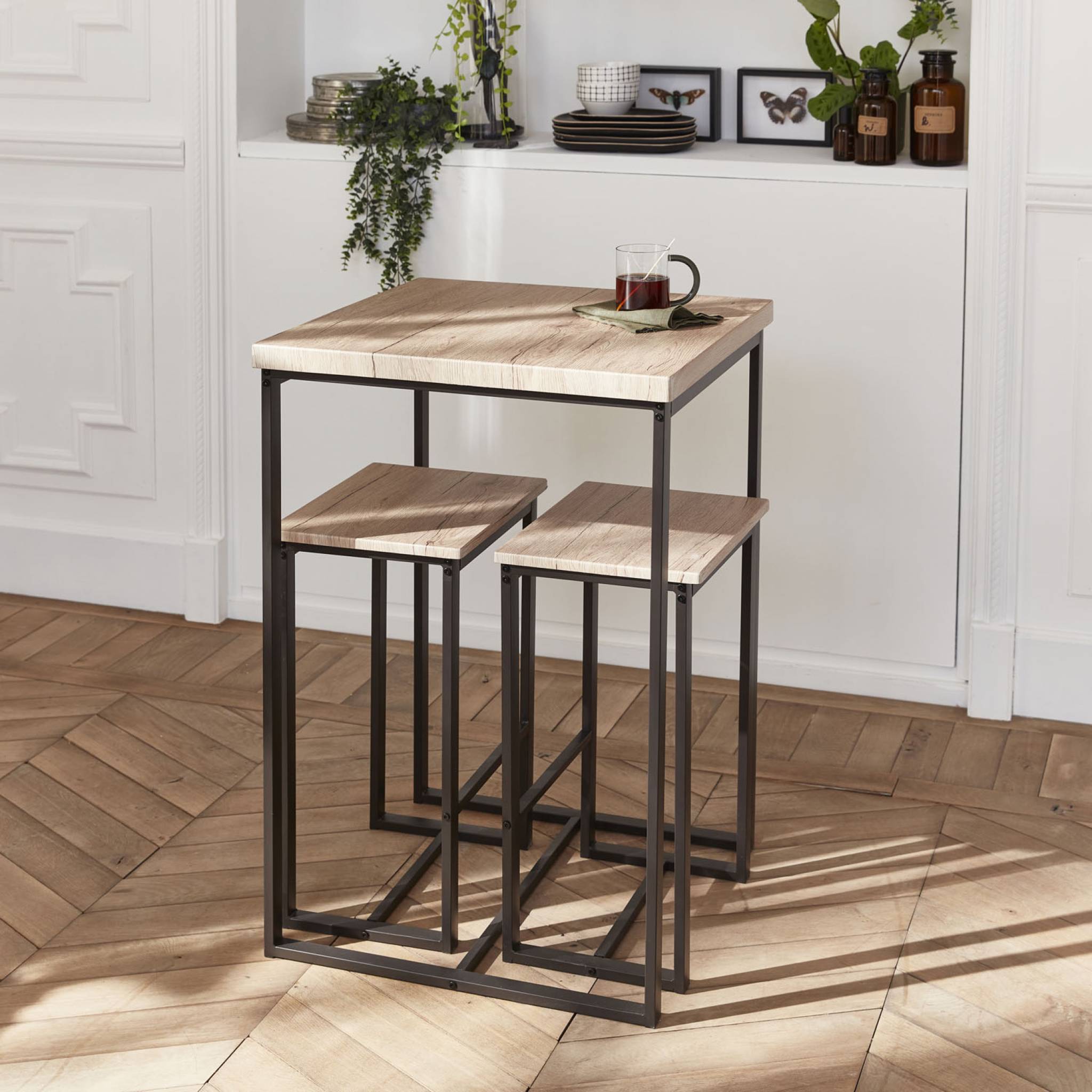 Set table haute carré - loft - avec 2 tabourets de bar. Acier et décor bois. Encastrable. Design