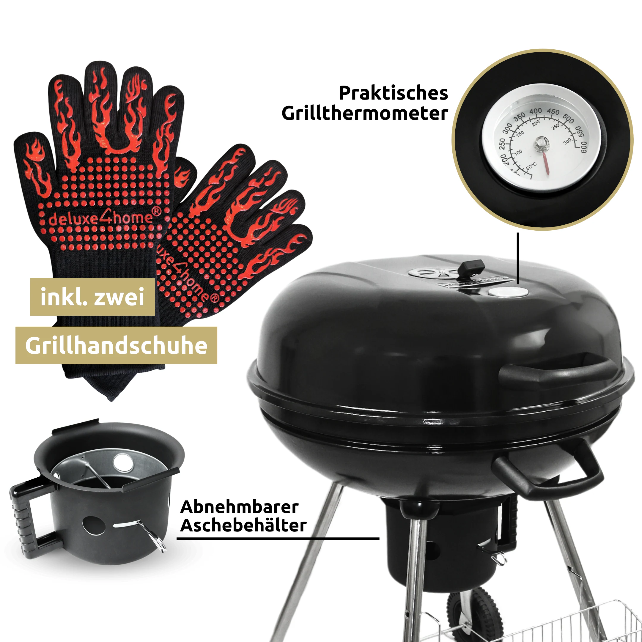 deluxe4home® BBQ Kugelgrill mit Ablage und Handschuhen