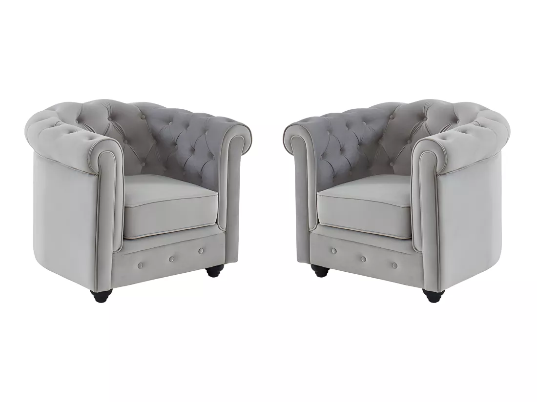 Lot de 2 Fauteuils CHESTERFIELD - Velours gris clair