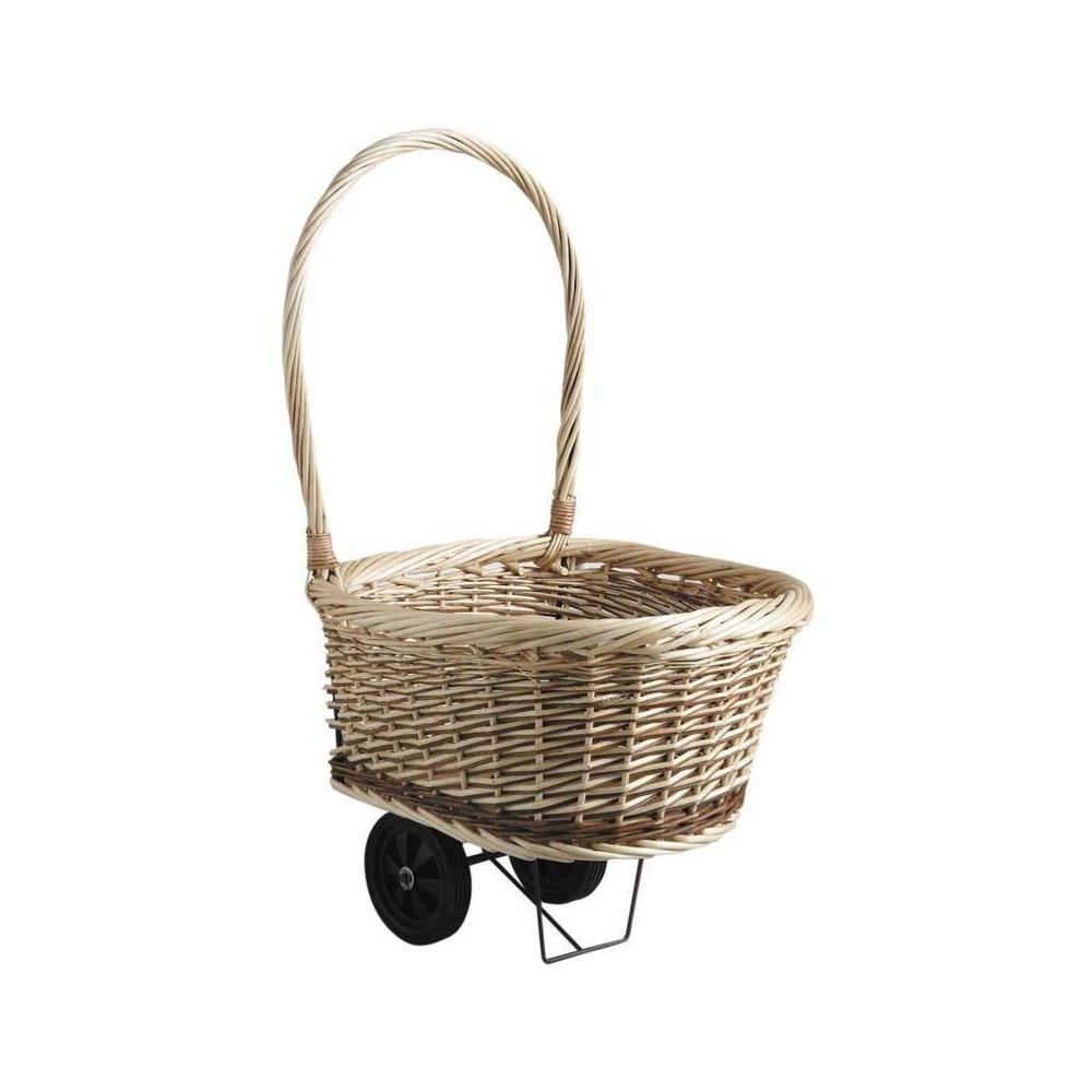 Chariot en osier brut et blanc sur roulettes