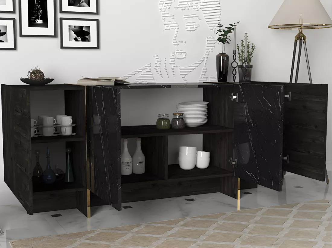 Buffet avec 4 portes - Effet marbre noir, naturel foncé et doré - CADEBA II