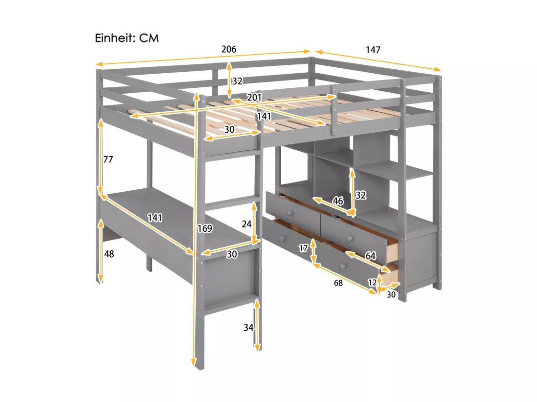 Lit mezzanine enfant 140 x 200 cm avec tiroirs et bureau - Bois de pin - Sommier à lattes - Gris