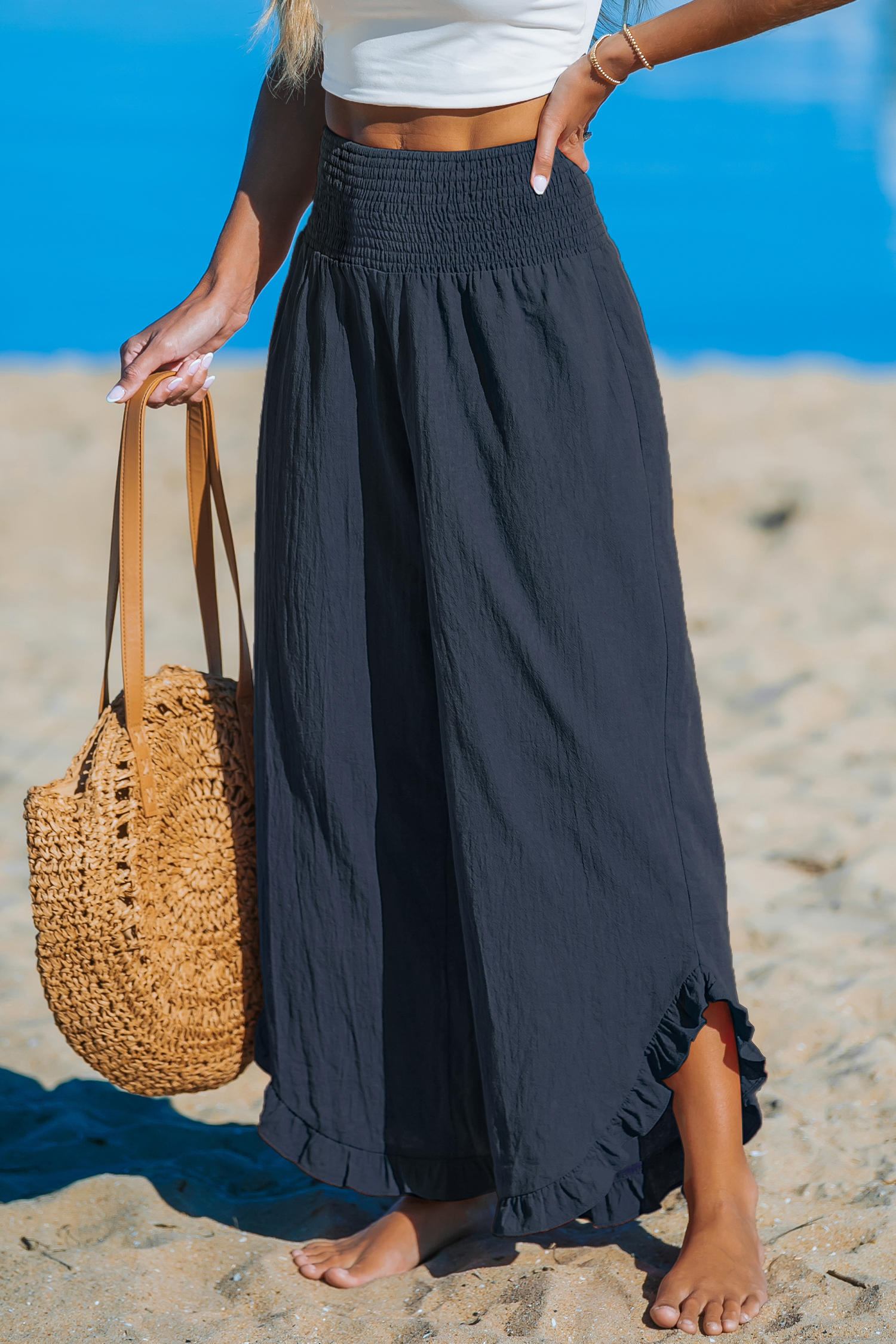 Pantalon taille haute en pur coton avec jambe droite bleu marine