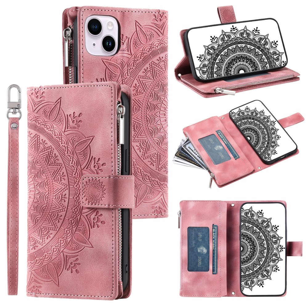 iPhone 15 Leder Tasche Flip Cover mit Reissverschluss - Mandala Flowers Imprint - Rosa