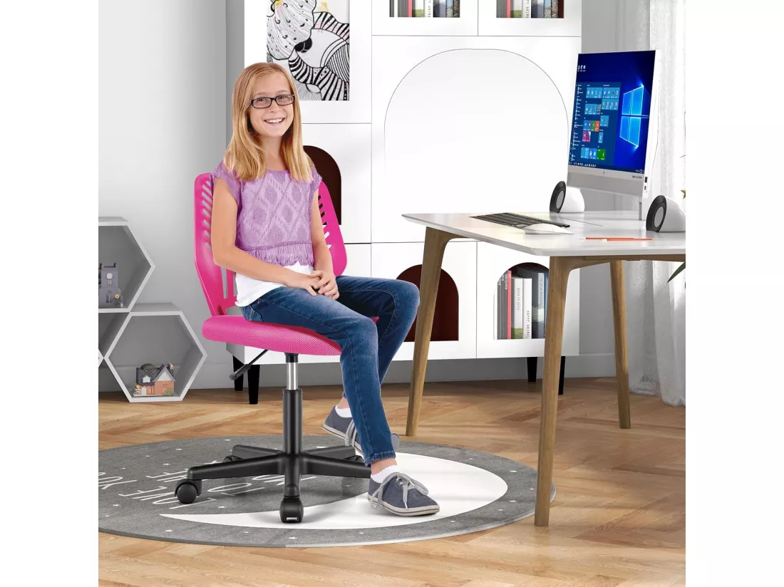 Chaise de Bureau Pivotante Enfants avec Hauteur Réglable 77-89cm, Siège à roulettes avec Dossier Ergonomique & Base à 5 Étoiles, Charge 150kg pour Enfant Adolescent Adulte (Rose)