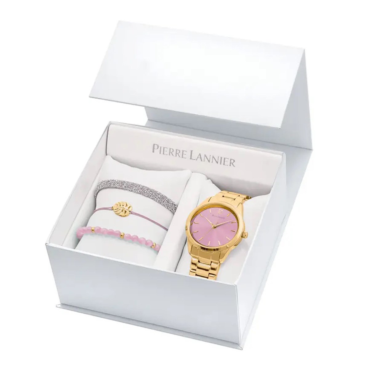 Coffret femme ROXANE cadran rose bracelet acier doréPierre Lannier x Les Interchangeables Edition Limitée