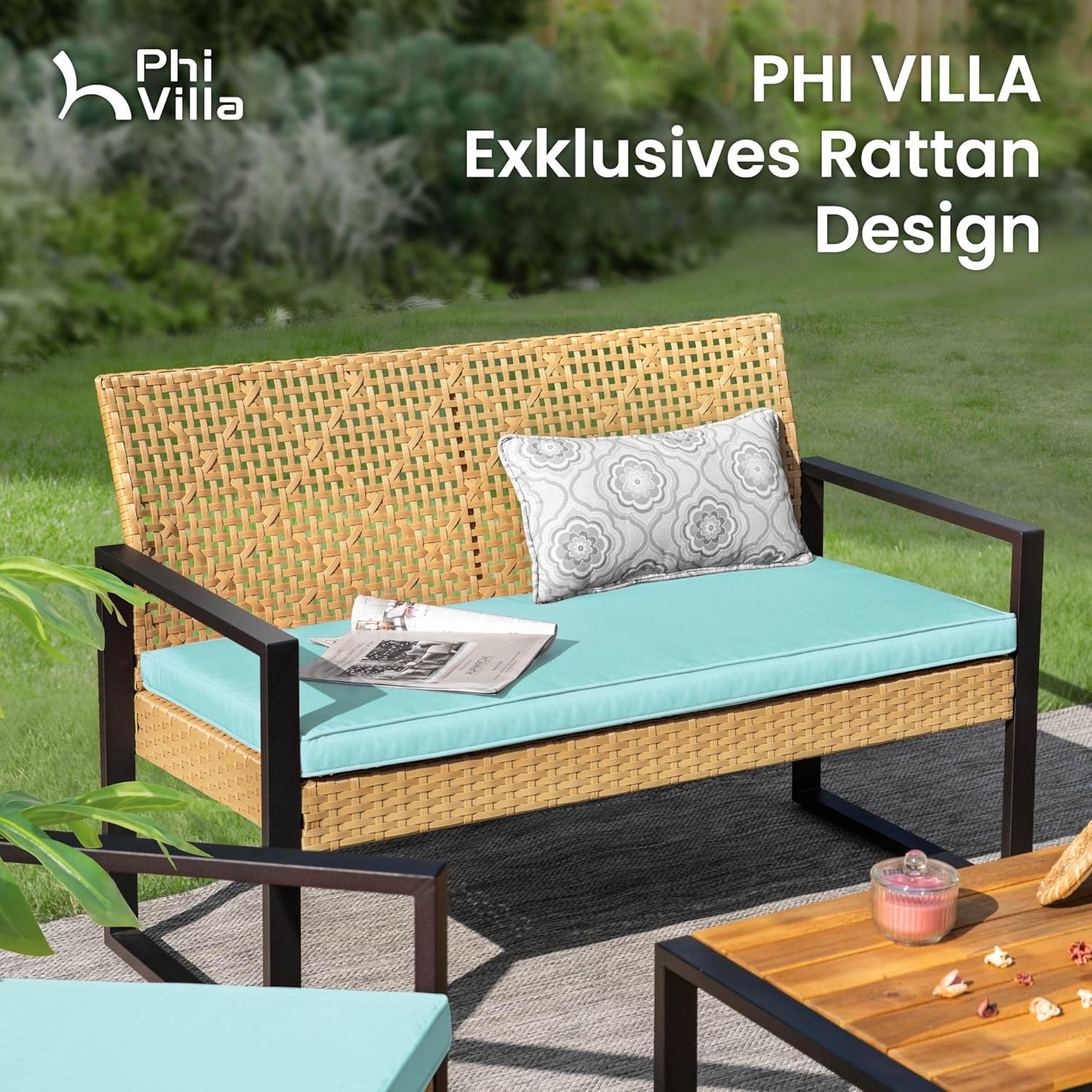 PHI VILLA Gartenmöbel Balkonmöbel Set mit 1 x 2-Sitzer Sofa, 2 x Sessel und 1 x Tisch, 4 Personen Outdoor Lounge Möbel Gartensofa. Wetterfest Rattan Balkon Lounge für Terrasse, Minzgrün und Gelb