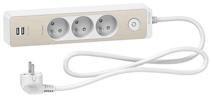 Multiprise 3 prises + 2 usb Schneider Electric Odace blanc finition bois 1.5 m
