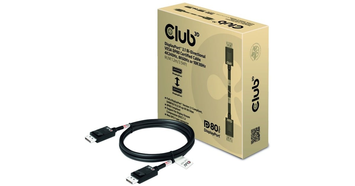 Club 3DDisplayPort 2.1 Bi-Directional VESA DP80 Certified Kabel 4K 240 Hz  (Zwart, 1,2 meter)