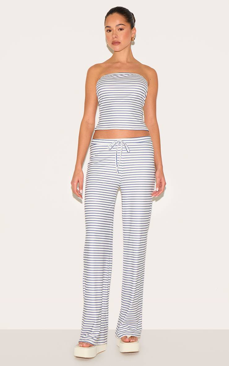 Bleu Pantalon Large Taille Mi-haute À Rayures Toucher Doux